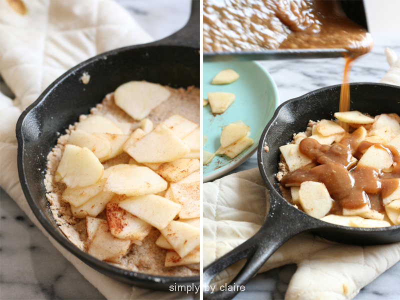 apple crumble with salted caramel sauce baked in skillet